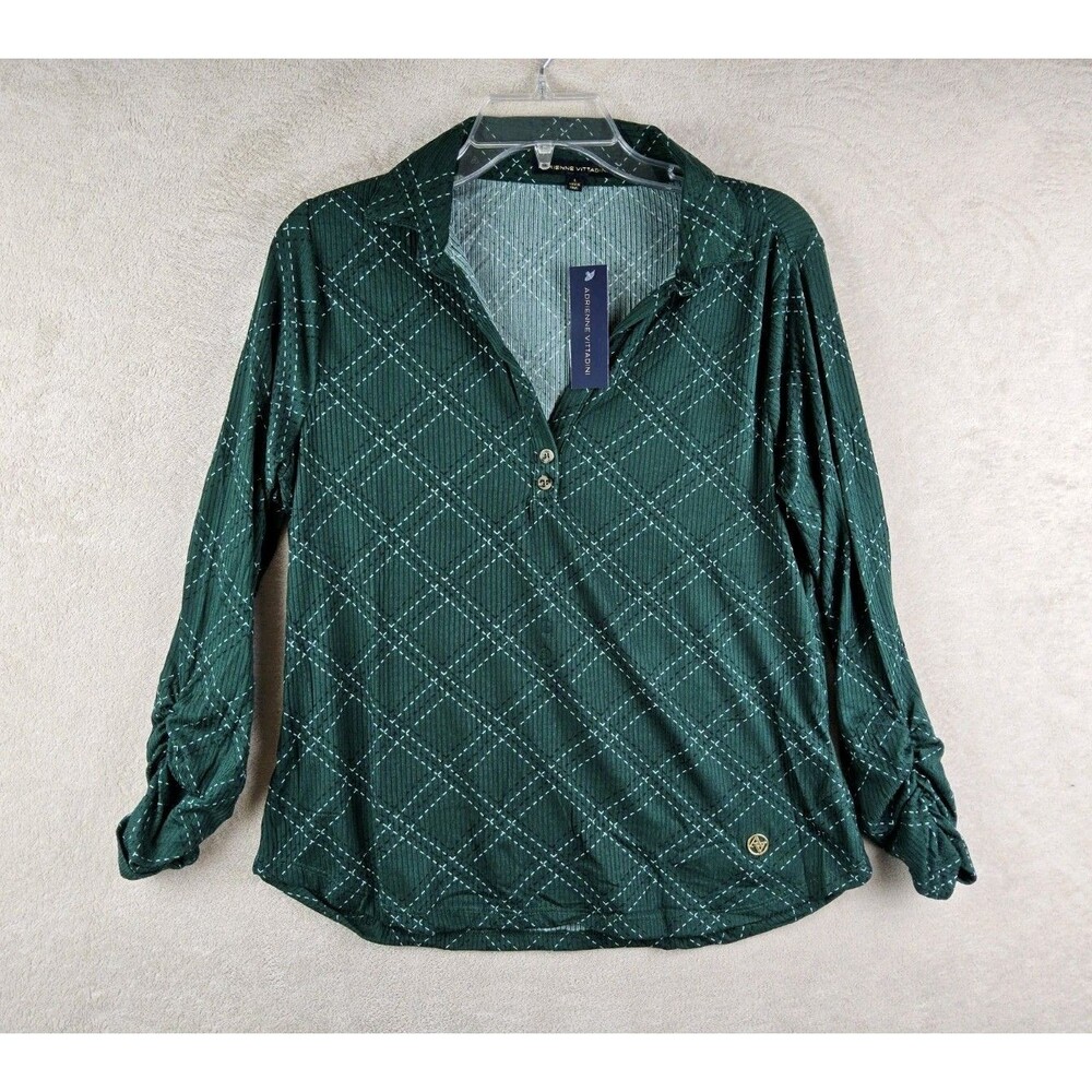 Adrienne Vittadini Women's Ruched Sleeve V Neck Blouse Top Size L